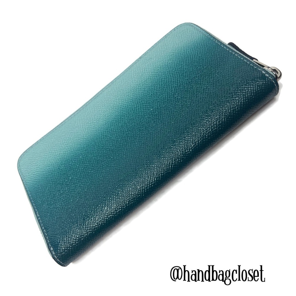 Coach Ombre Crossgrain Leather Zip Around Wallet F22808 Sea Green Teal - Picture 4 of 6